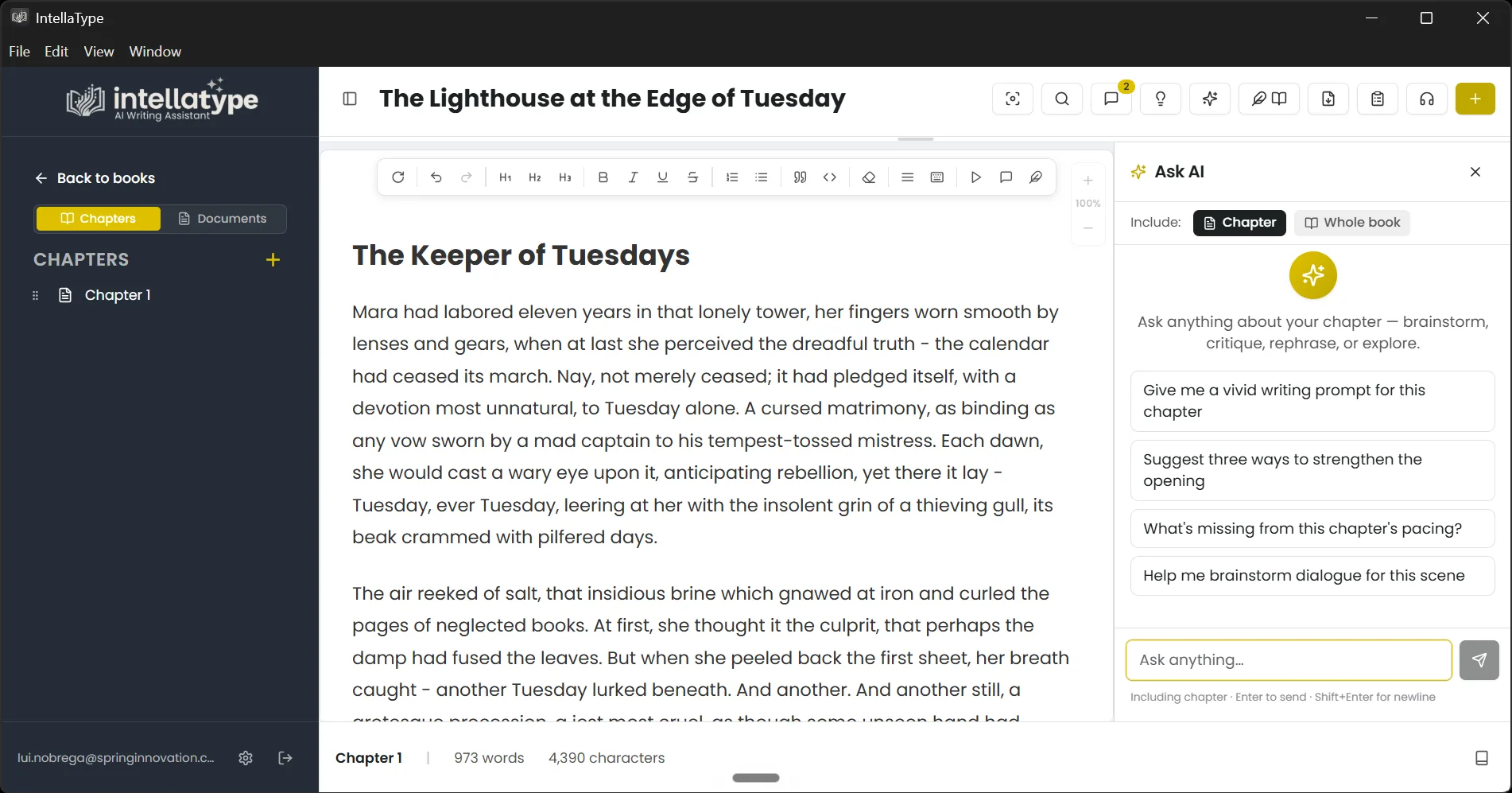 The IntellaType editor in dark mode: a chapter open in the distraction-free editor with the Ask AI panel offering chapter-aware suggestions.